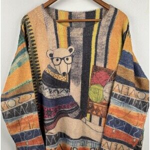 YESNO Womens 3XL Oversized Soft Cozy Graphic Pullover Wool & Cotton Sweater Bear